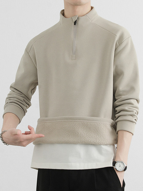 Velvet half-zip sweatshirt for men in autumn and winter mid-collar inner layering shirt for teenagers loose casual hoodless jacket