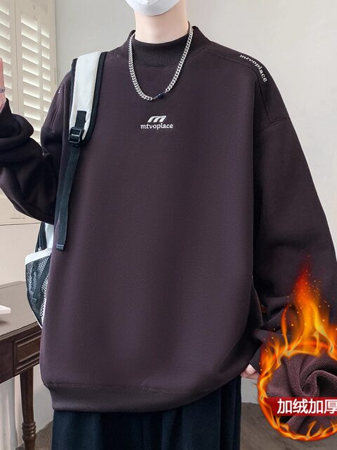 American casual deconstructed half turtleneck sweatshirt for men in autumn and winter, velvet thickened top with bottoming shirt, trendy brand long sleeves