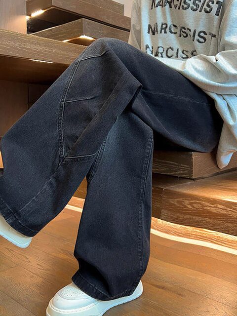 Deconstructed machete jeans for men, autumn and winter, teenage students, American high street wide-leg pants, trendy straight overalls trousers