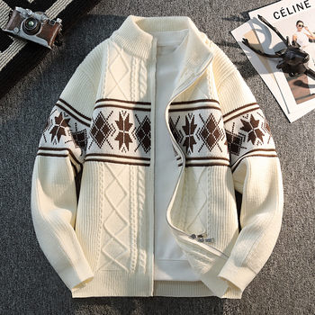 High-End Cardigan Sweater Jacket for Men, Spring and Autumn Trendy Brand Fashion, Retro Jacquard Knit Stand-Up Collar Men's Jacket