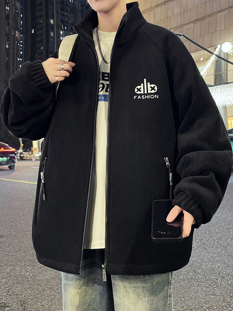 Stand collar polar fleece jacket men's winter youth embroidered jacket men's thickened warm and cold-proof quilted clothes