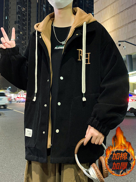 Fake two-piece jackets for men in autumn and winter new trendy brand loose hooded jackets for teenagers cotton warm tops two cotton