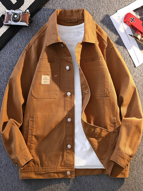 High-end workwear denim jacket for men in spring and autumn new versatile loose large size Ami khaki retro jacket trendy