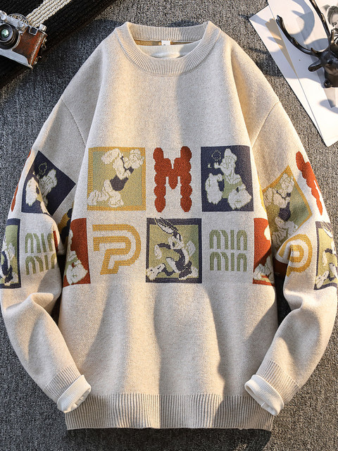 Teen Boys' Sweater, Autumn and Winter Trendy Brand Cartoon Anime Rabbit Knitwear, Loose, Thick, Warm Knit Top