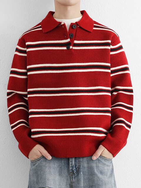 American retro striped POLO collar sweater for men in autumn and winter loose couple lapel long-sleeved sweater top thickened