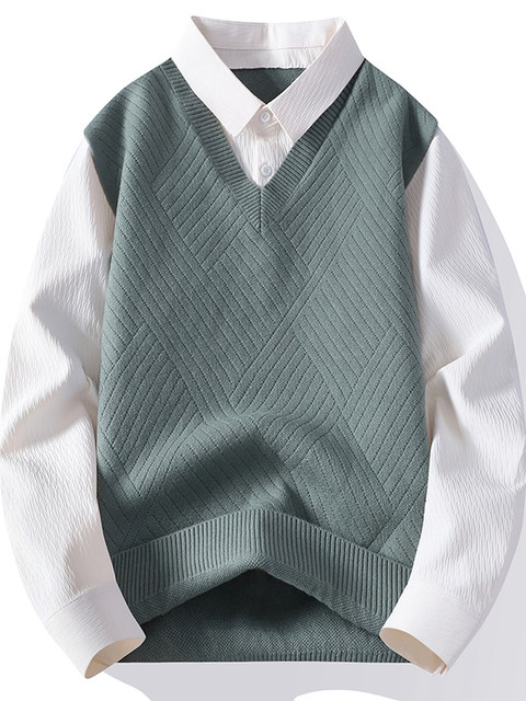 Shirt collar splicing fake two-piece sweater for men, autumn and winter inner layering shirt, Japanese retro loose shirt, can be worn outside