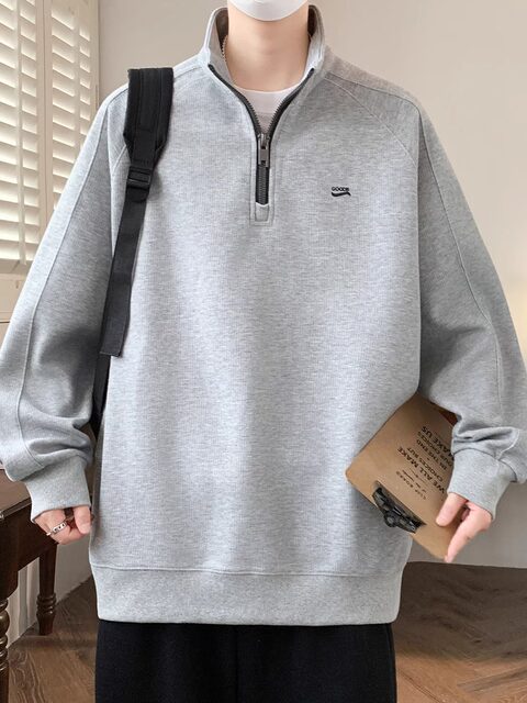 Half-Zip Sweatshirt for Men, Autumn and Winter, Fleece-Lined, Thickened, High-Neck, Long-Sleeve Base Layer, Raglan Sleeve, Sports Top