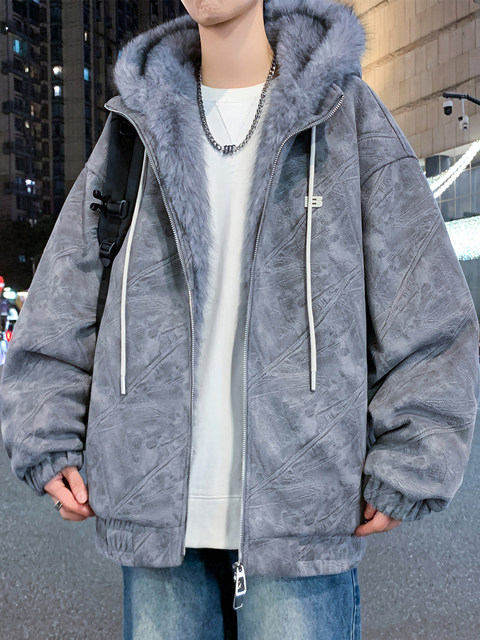 Deerskin fur collar hooded jacket men's winter velvet thickened loose jacket teenagers cold-proof warm jacket