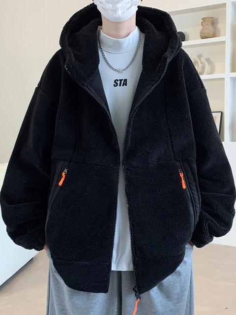 Lamb fleece jacket men's autumn and winter velvet thickened jacket cotton jacket men's hooded trendy brand warm and cold-proof clothes