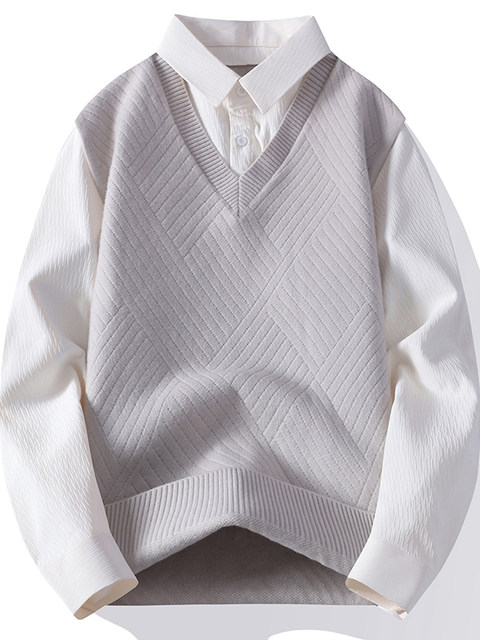 Shirt collar splicing fake two-piece sweater for men, autumn and winter inner layering shirt, Japanese retro loose shirt, can be worn outside