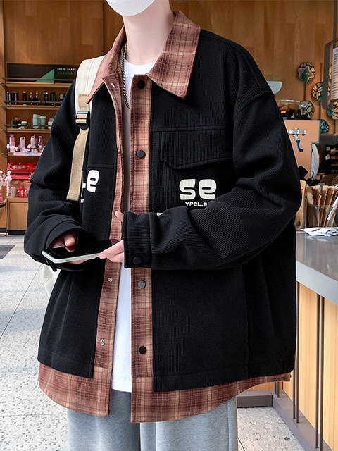 Fake two-piece jacket men's spring and autumn 2025 new plaid shirt-style jacket boys and teenagers workwear tops