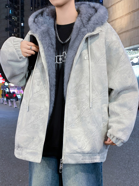 Deerskin fur collar hooded jacket men's winter velvet thickened loose jacket teenagers cold-proof warm jacket