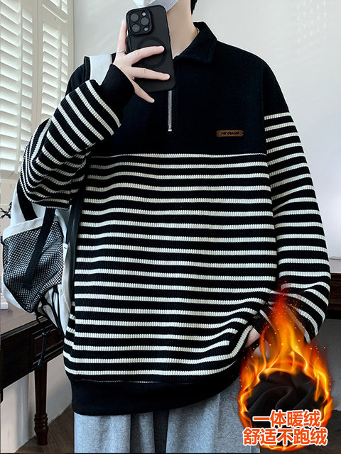 Fleece-Lined and Thickened Men's Striped Sweatshirt with a Turn-Down Collar, 2024 Autumn and Winter New Style, Half-Zip, Patchwork, Suitable for Layering or Wearing Alone