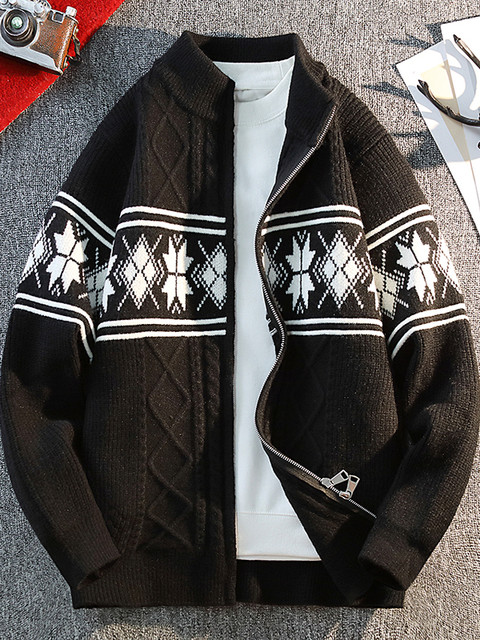 High-End Cardigan Sweater Jacket for Men, Spring and Autumn Trendy Brand Fashion, Retro Jacquard Knit Stand-Up Collar Men's Jacket