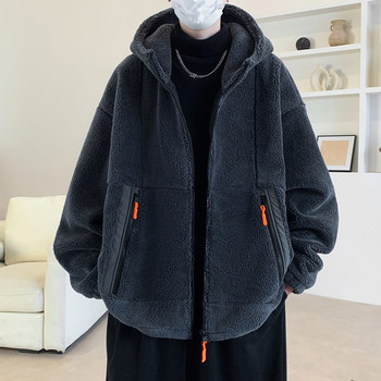 Men's Lamb Wool Jacket for Autumn and Winter, Fleece-Lined and Thickened, Hooded Cotton Coat, Trendy Brand, Warm and Cold-Resistant Clothing