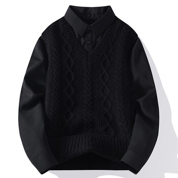 Shirt Collar Spliced Fake Two-Piece Sweater for Men, Autumn and Winter Inner Layer, Base Shirt, Japanese Retro Loose Fit, Can Be Worn Outside