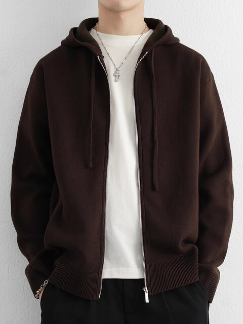 Pure Cotton Hooded Sweater Jacket for Men, High-End Spring and Autumn Trendy Knitted Cardigan Jacket, Loose and Lazy Style Wool Sweater
