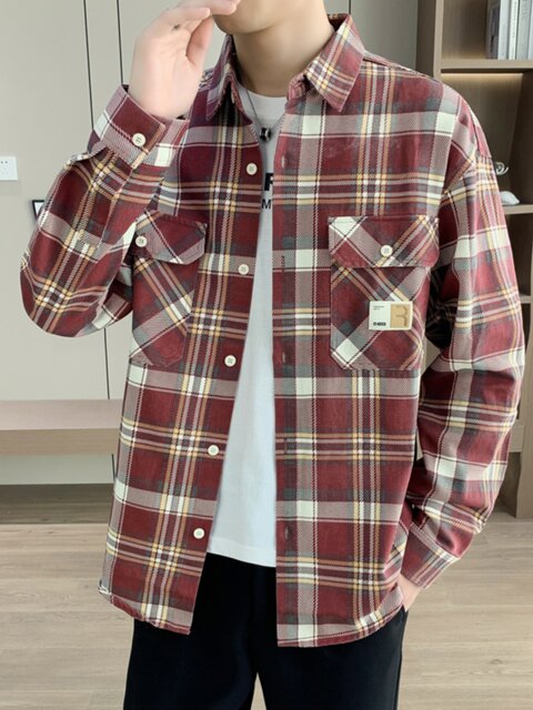 High-end spring and autumn men's shirts, jackets, workwear, washed cotton texture, student plaid tops, base shirts