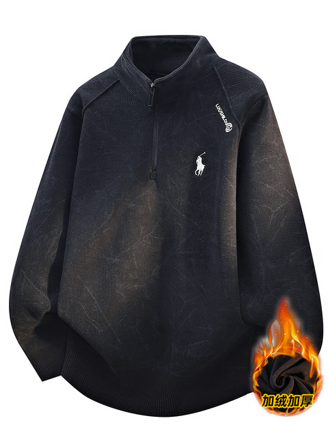 Men's Tie-Dye Sweater with Integrated Fleece, Thickened for Autumn and Winter, Half-Open Placket, Stand Collar, Warm Base Layer, Winter Top for Men