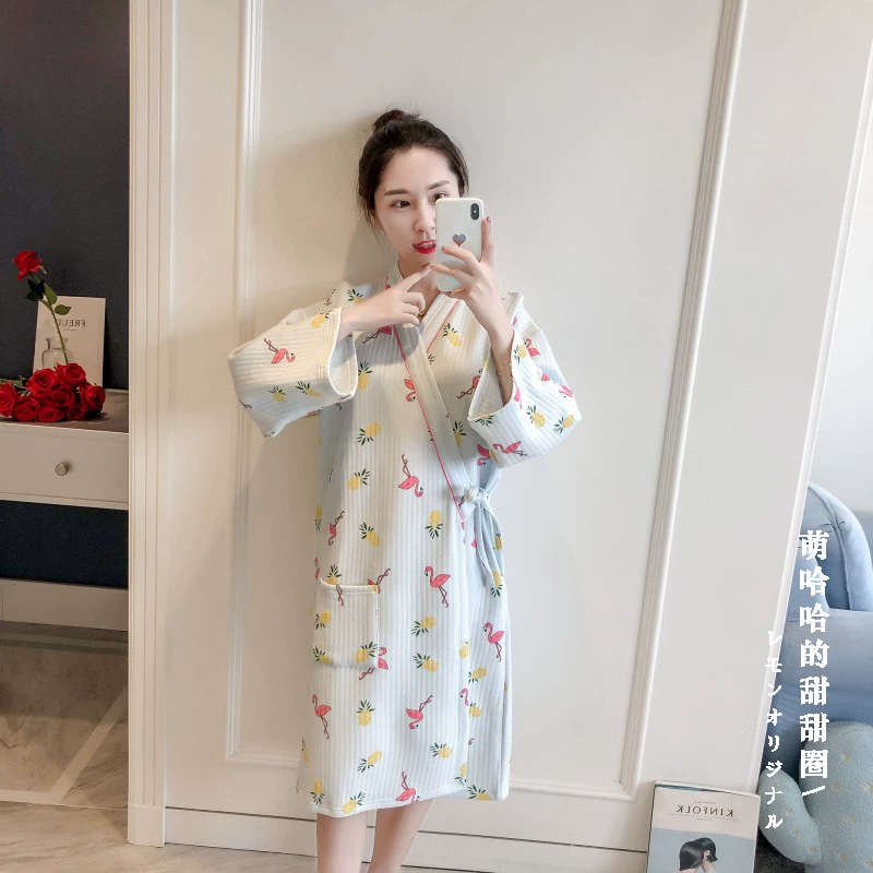 Mùa thu và mùa đông mới chần bông và áo gió kimono pyjama in dứa flamingo cô gái ngọt ngào phục vụ đêm đầm ngủ dễ thương hàn quốc