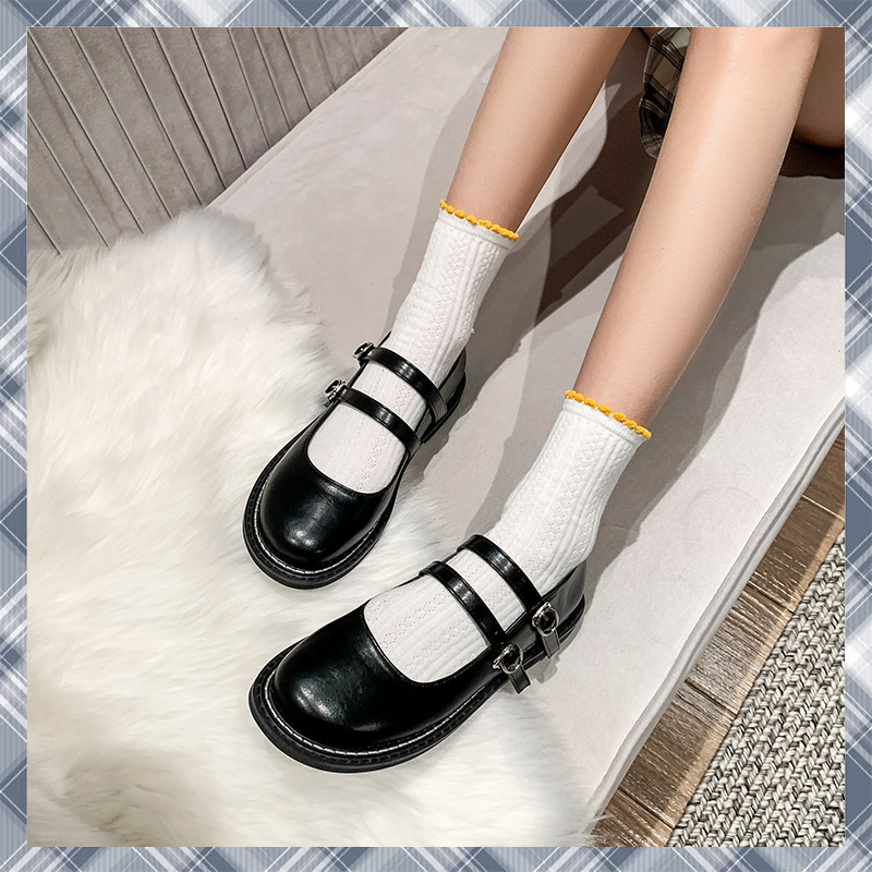 Round head soft sister wind double buckle small leather shoes women spring and summer new Japanese jk uniform skirt flat with Mary Jane single shoes women