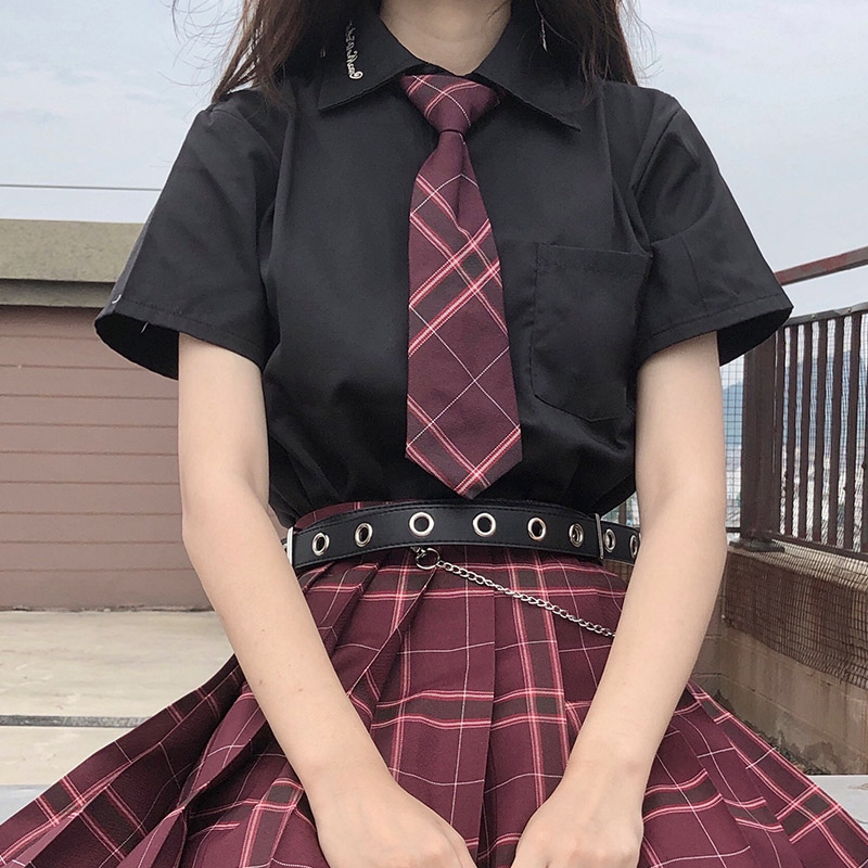 Black embroidered jk uniform shirt women's summer fashion wild shirt short loose inside basic jk top