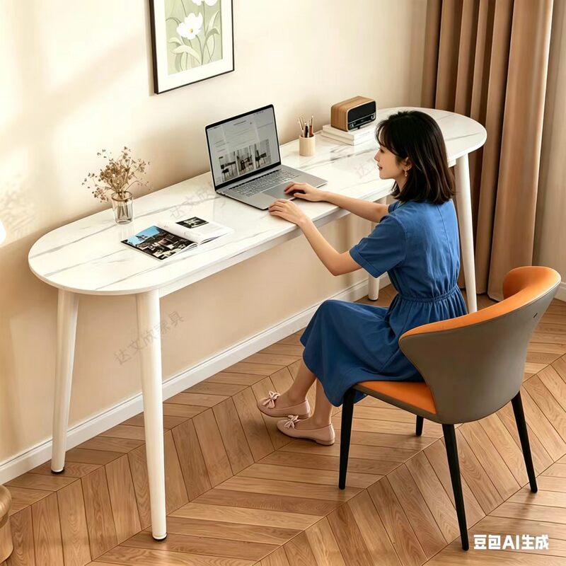 Slate Table, Simple and Modern, Oval-Shaped Computer Desk, White Desktop, Home Bedroom Office Desk, Desk with Stand
