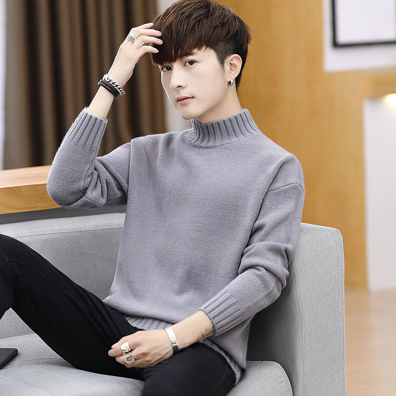 Half turtleneck sweater men's autumn and winter men's sweater slim fit plus fleece sweater Korean version personality trend bottoming shirt