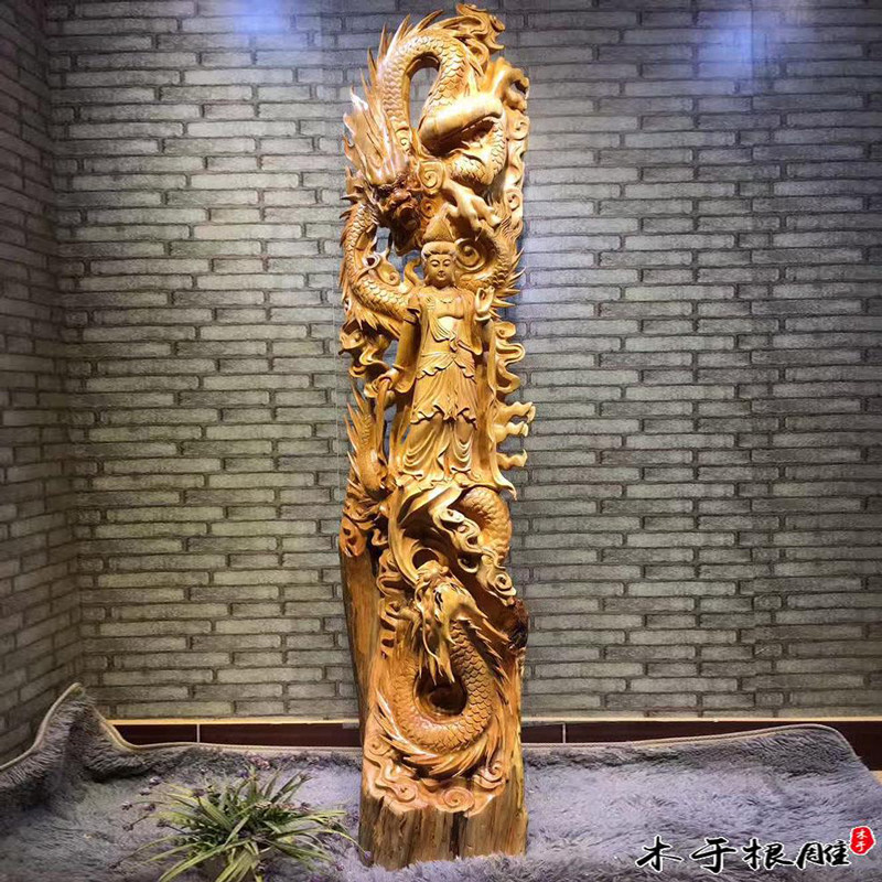 Wood Yuka Engraving Factory Effiger Holistic Sculpture Shuangyin Bodhi Buddha Living Room Direct Sales