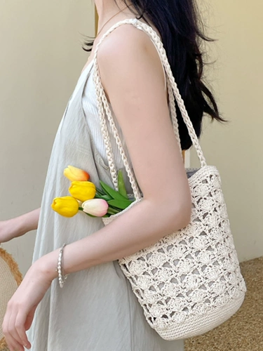 Корейская тканая сумка, новая хлопковая нить, сумка на плечо ручной работы, пляжная сумка для отдыха, многофункциональная соломенная сумка-ведро