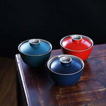 Gai bowl tea cup tea bowl large tea set Jingdezhen hand-painted double-line retro coarse pottery tea bowl ceramic kung fu tea set