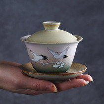 The rough pottery Huaike Kiln becomes the crane cover Bowl ceramic home retro tea bowl tea cup tea bowl Kung Fu tea three talent Bowl