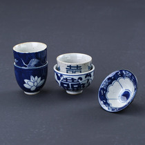 Jingdezhen blue and white ceramic tea cup Puer Cup hand-painted rough pottery folk kiln Xixi Word Cup Tea Cup Master Cup Single Cup