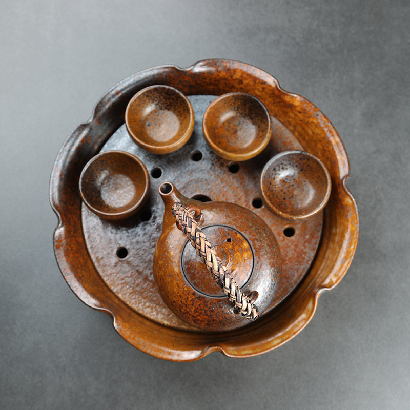 Day Style Kongfu Tea Furniture Set Group Handmade Antique Ceramic Tea Ware Sets Coarse Pottery Home Tea Tray Tiapot Cups