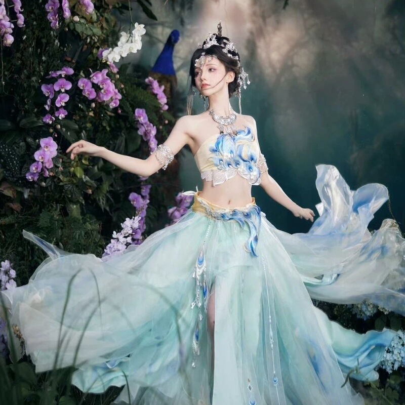 Honor of Kings Zhen Ji Peacock Dance Cosplay Costume, Peacock Exotic Modified Embroidery Large Sleeve Hanfu, Han Elements Dance Costume