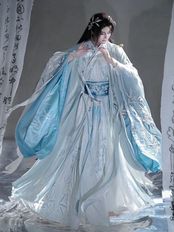 Elegant and Refined Hanfu Designed by Fengya, Featuring Blue Large Sleeves and a Cross-Collar with Han Elements, Modern Hanfu Modified for Men in Wei and Jin Dynasty Style