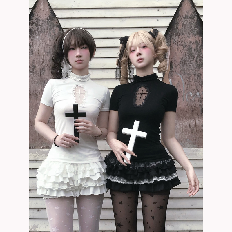 Damngirl Cross-Stitch Doll Original Dark Black Gothic Cross Hollow T-Shirt Subculture Cake Skirt