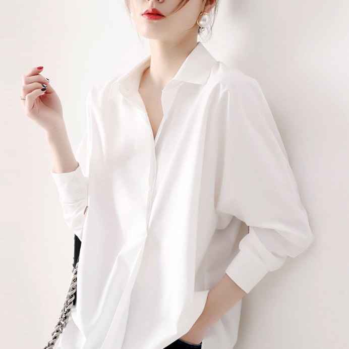 White shirt women's 2022 new autumn design sense niche light familiar white shirt cold wind long-sleeved ice silk top