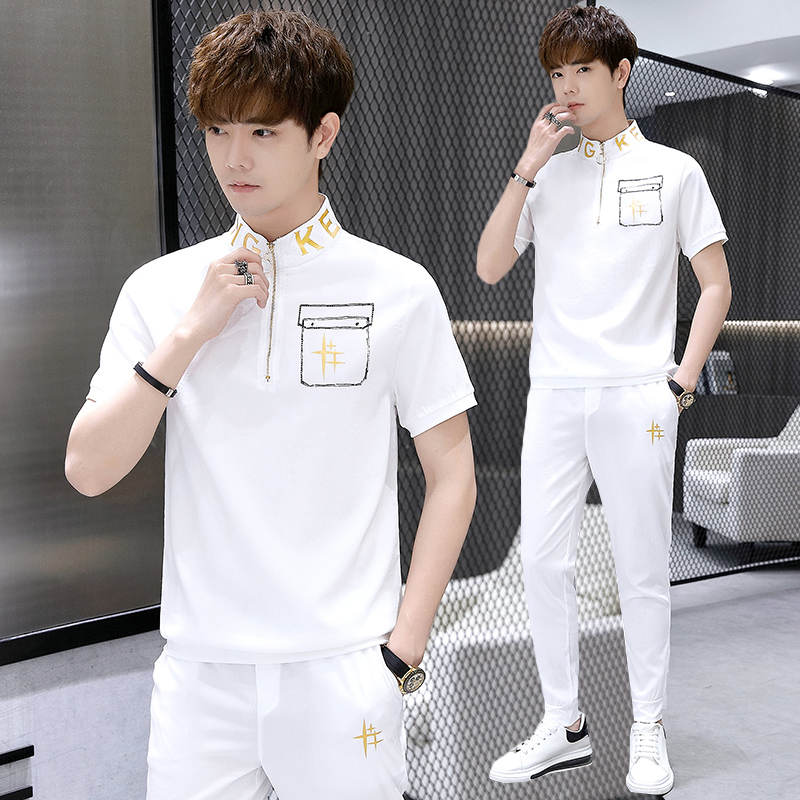 Summer short sleeves T-shirt suit Men's Korean version Personality Bracelet Spirit Little Guys Trend Handsome Leisure Sports Two Suits