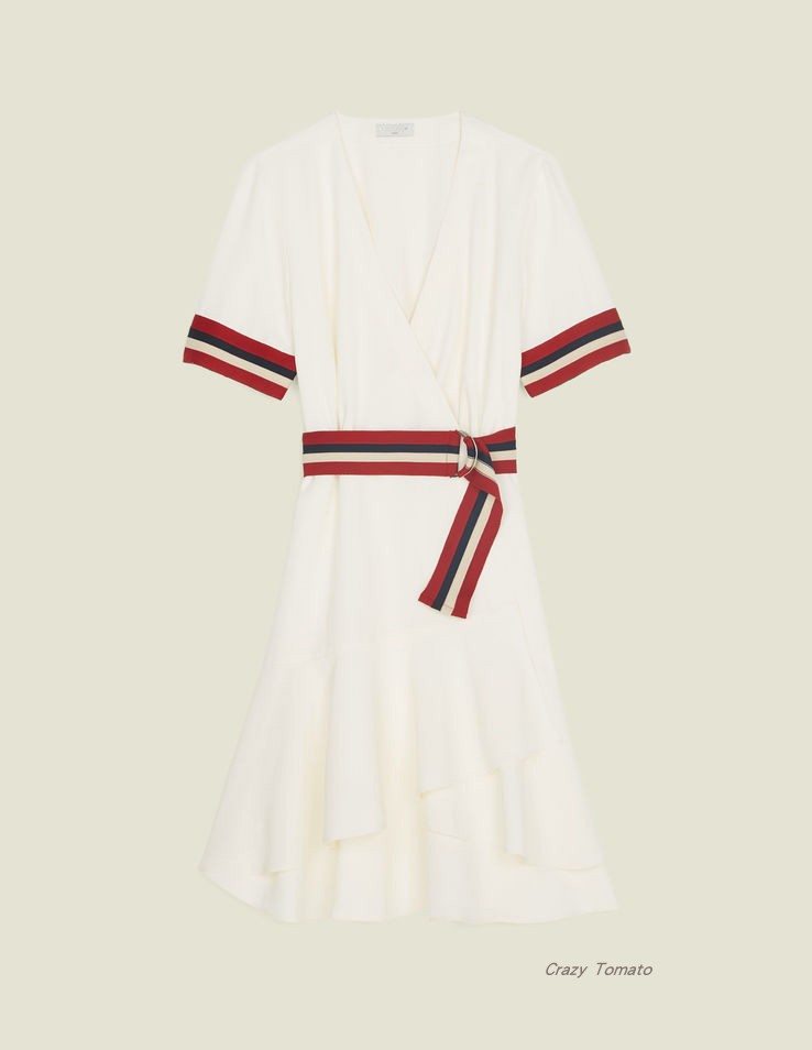 Off WhiteFrance San *   Paris Design   unripe and puckery charming skin texture Fabric   V-neck Dress   attach belt