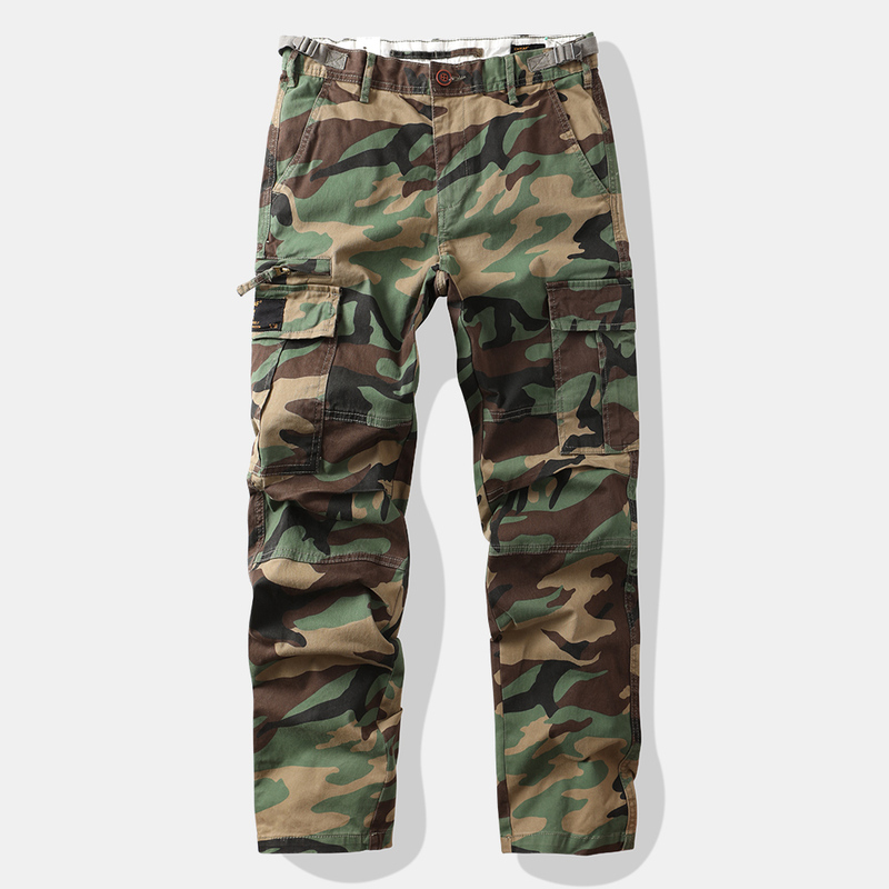 Spring and Autumn Men's Loose Straight-Leg Camouflage Pants with Multiple Pockets, Stretchy Cargo Pants with Zipper, Heavy-Duty American-Style Casual Outdoor Wear