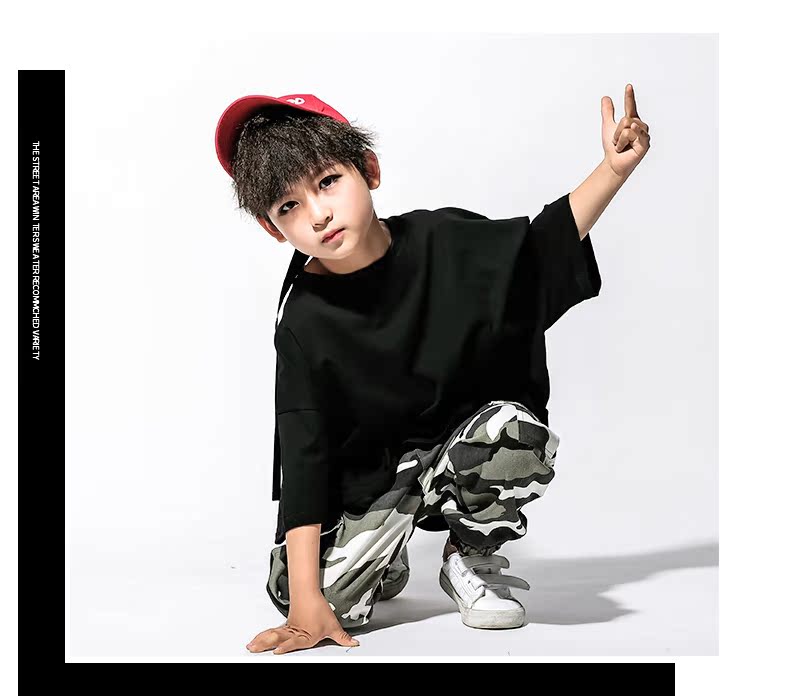 Trẻ em hiphop quần áo rộng bé trai nhảy đường phố hip hop phù hợp với mùa hè cậu bé biểu diễn sân khấu quần áo hiệu suất thủy triều trang phục biểu diễn cho bé