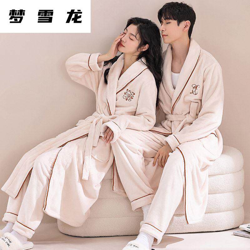 Men's sleep robes Long style Women's autumn Winter Coral Suede Bath Robe Couple Thickened with Velvet Warm Flannel sleeping 1224b-Taobao