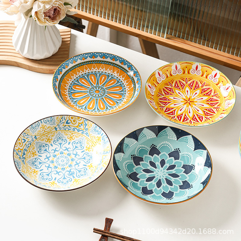 Wholesale Creative Ceramic Plates for Home and Commercial Use, Bohemian Style Tableware, Printed Underglaze Color Exotic Style Dinner Plates Wholesale Creative Ceramic Plates for Home and Commercial Use, Bohemian Style Tableware, Printed Underglaze Color Exotic Style Dinner Plates