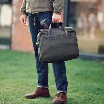 American vintage men business briefcase thick heavy oil wax canvas Hand bag 15 inch computer bag copper hardware
