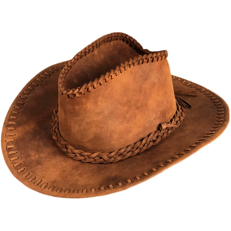 Handmade pure cowhide western cowboy hat, men's genuine leather visor knight hat, dark brown large brim cowboy hat