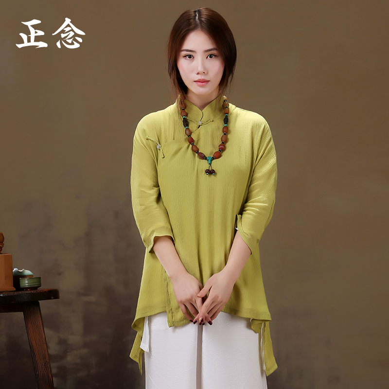Positive reading design Tangclothing women's spring clothing disc buckle Chinese cotton linen loose blouse Women's tea suit Improved hanfu Chinese wind