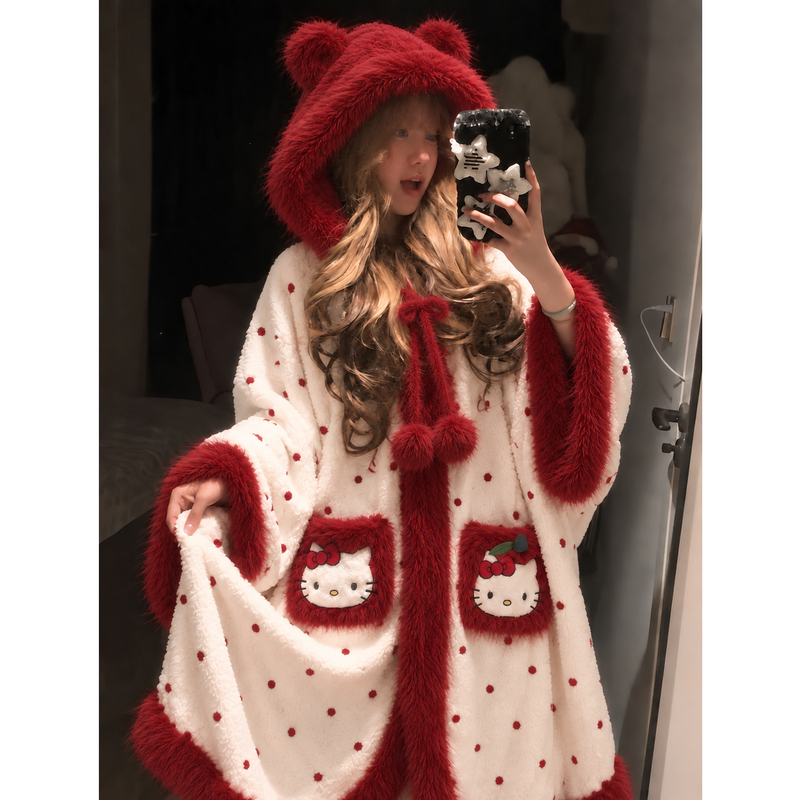 Cute Cartoon Cape Nightgown for Women, Winter Style, Coral Velvet, Thickened, Warm, Hooded Pajamas, Home Set
