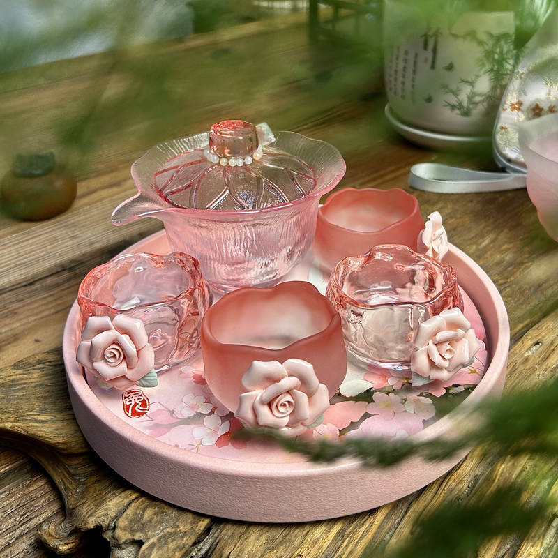 Cherry Blossom Pink Thickened Handcrafted Flower-Shaped Cup, Household Women's Kung Fu Tea Set, Lidded Bowl, Complete Set of Heat-Resistant Glass Tea Set Cherry Blossom Pink Thickened Handcrafted Flower-Shaped Cup, Household Women's Kung Fu Tea Set, Lidded Bowl, Complete Set of Heat-Resistant Glass Tea Set