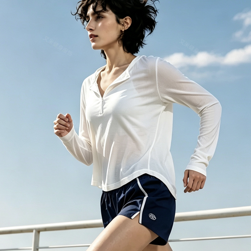 Uimp Yoga Wear V Neck Long-Sleeved Blouse with Lapel Loose Casual Ribbed Quick-Drying Breathable T-Shirt Running Fitness Sports